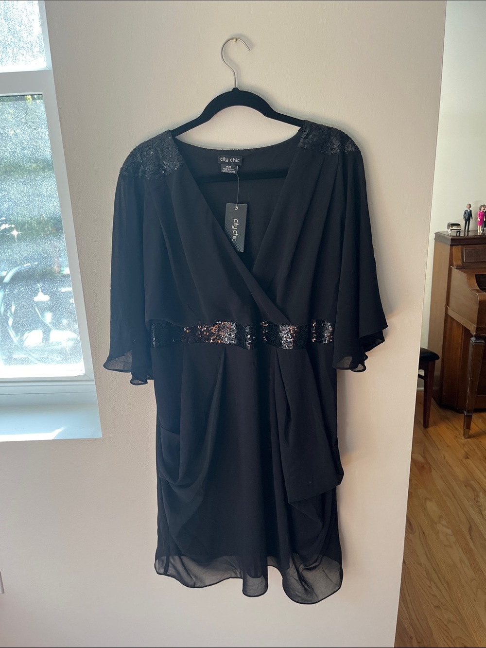 City Chic Black Sequin-Trim Wrap Tunic Dress